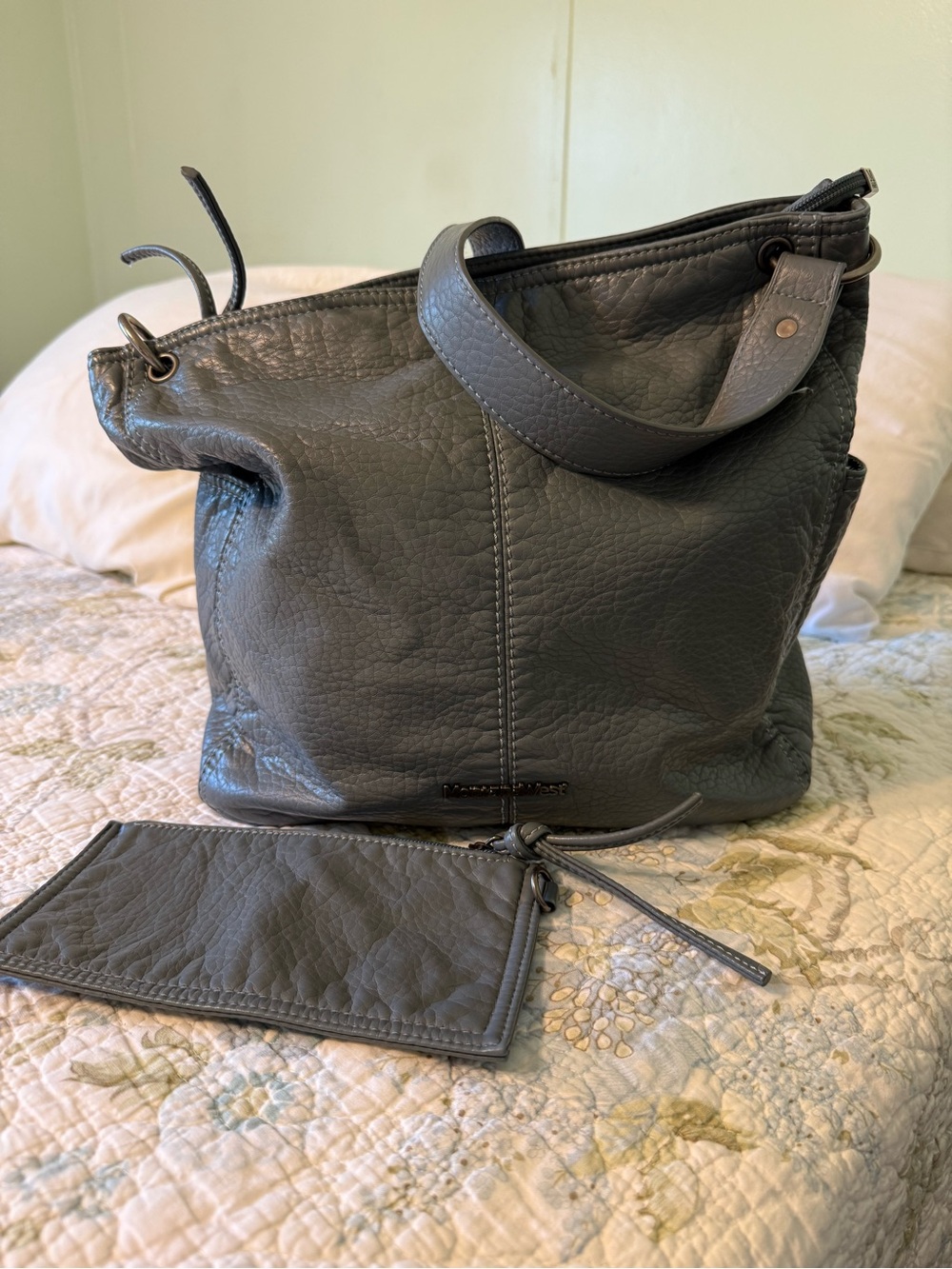 Montana West Gray Pebbled Leather Shoulder Bag with Wristlet